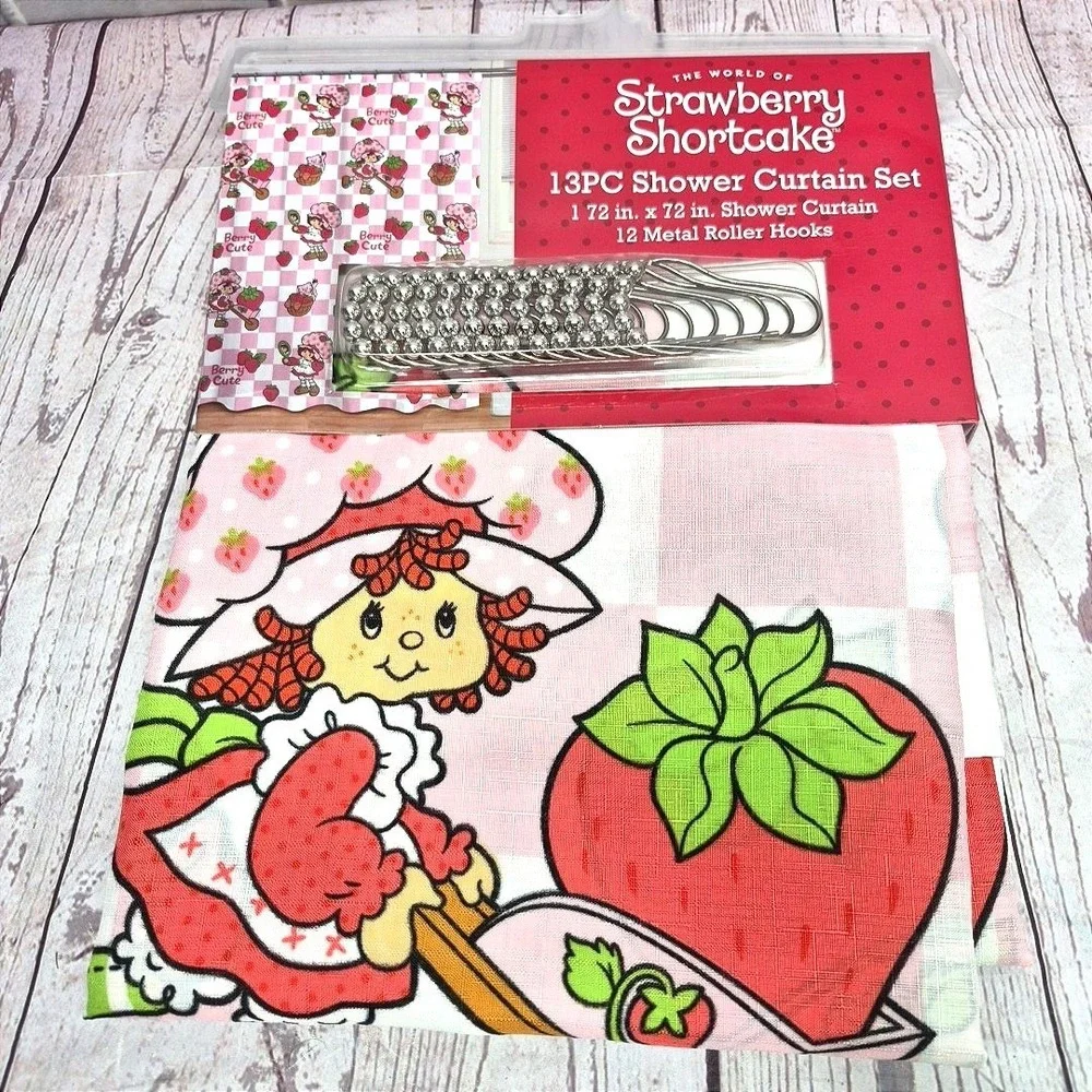 Strawberry Shortcake 13PC Shower Curtain Set Pink Checkered Berry Cute 72x72 NEW